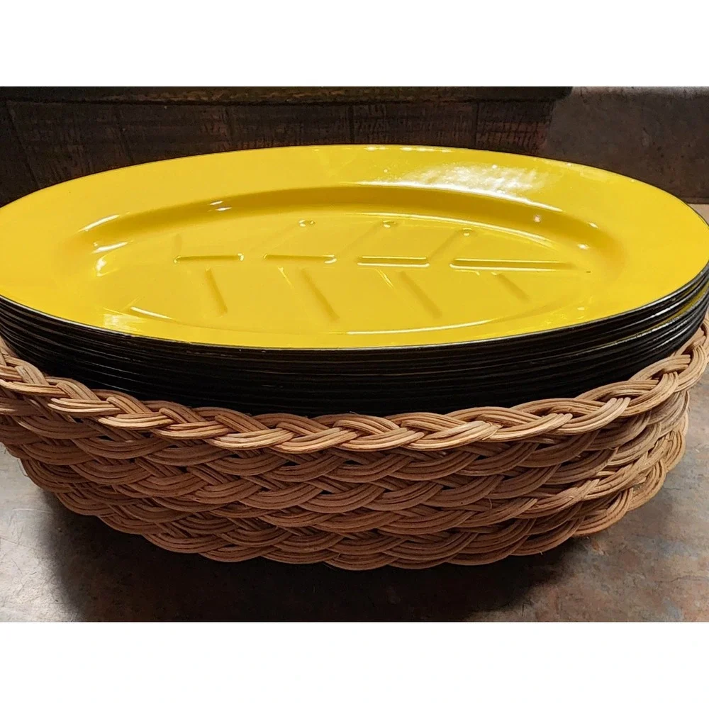 Set of 6 Vintage Yellow Enamel Sizzler Plates w/ Wicker Bases – Mid-Century